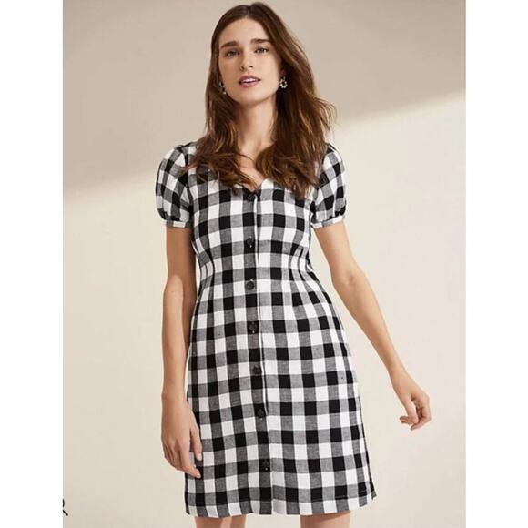 LOFT Gingham Shirt Dress Size 2 Linen Blend V Neck Relaxed Preppy NWT Black - Picture 1 of 11